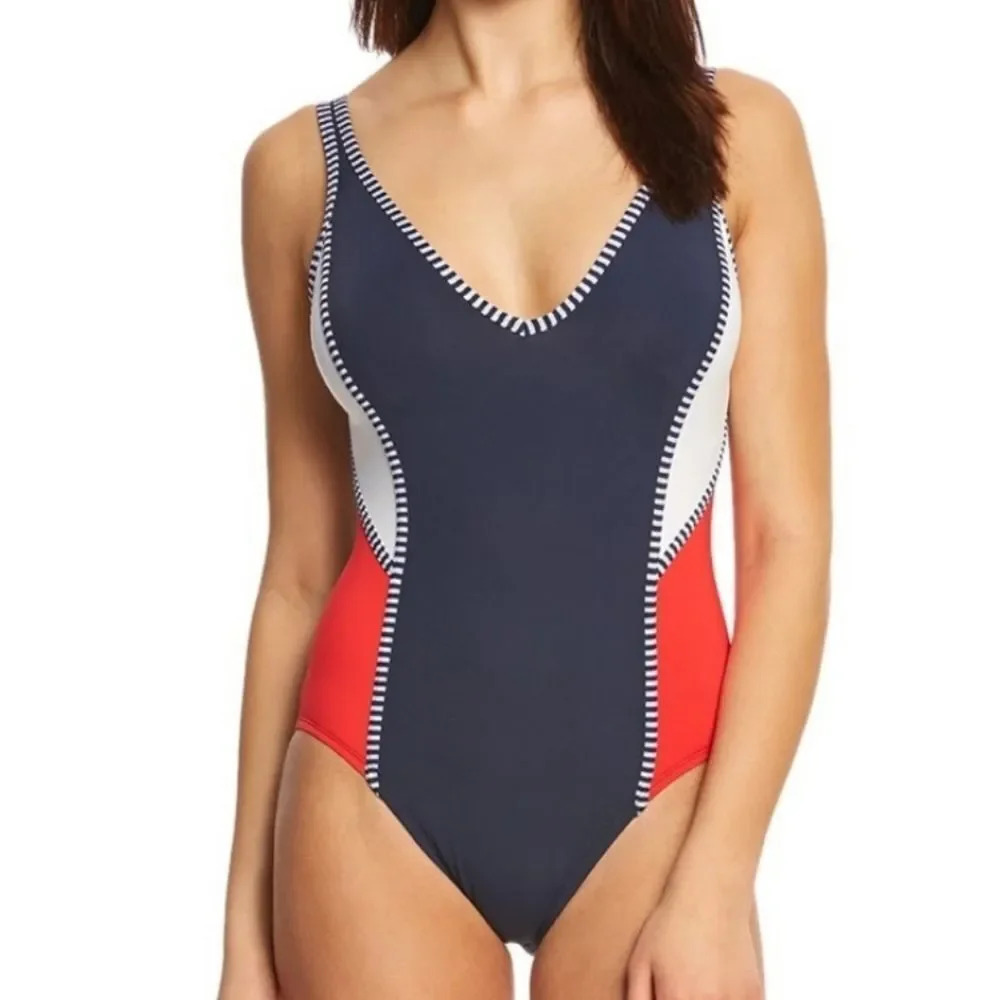 Tommy Hilfiger Womens Nomad Color Block V-Neck One Piece red navy white swimsuit